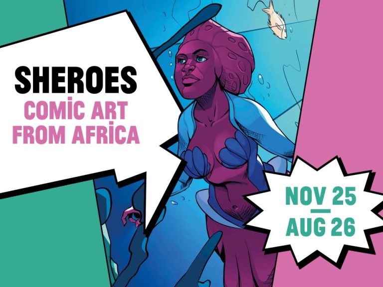Bunte Comic-Zeichnung einer dunkelh&auml;utigen Meerjungfrau unter Wasser mit Fischen mit Ausstellungstitel 'Sheros - Comic Art from Africa: Nov 25 -Aug26'